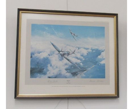 "SPITFIRE":  A colour print after Robert Taylor, signed by Douglas Bader and Johnnie Johnson, framed and glazed 