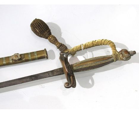 From the Edye Family: A brass hilted court sword with D-form knuckle guard and beaded grip joining a foliate engraved blade (