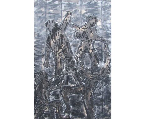 S. WILLIAMS: A mixed media and collage on canvas depicting first world war abstract scene of British troops in battle, 93 x 6