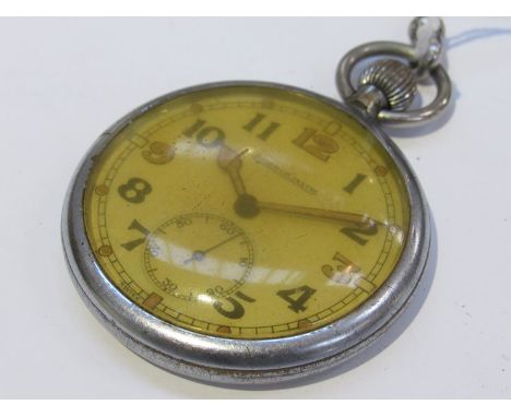 A British Military issue Jaeger Le Coultre pocket watch with yellowed glass, Arabic numerated face, broad arrow stamped back 