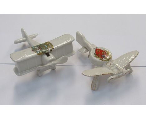 Two Arcadian china crested aeroplanes, Hamilton and Derby crests 