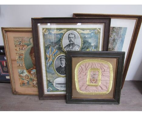 A quantity of WWI framed media including the stand of the Suffolks of Wancourt, Kitchener and a framed tapestry 