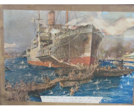 A Gallipoli themed print 'The Landing of Troops from H.M.T River clyde at Sedd-el-Bahr at Gallipoli April 25th 1915, framed a