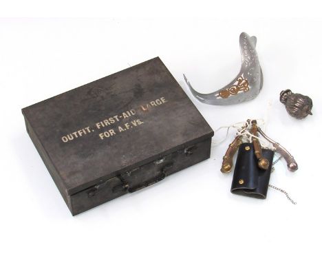 A British 1945 dated AFV first aid box together with an Edward VII sword guard, Boson's whistles etc 