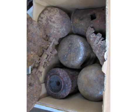 A box of WWII German butterfly bomb casings, WWII stick grenade heads and German butterfly bomb parts reputedly found near Cl