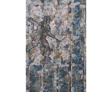 S. WILLIAMS: A mixed media and collage on canvas depicting first world war abstract scene of soldier in battle, 93 x 62cm