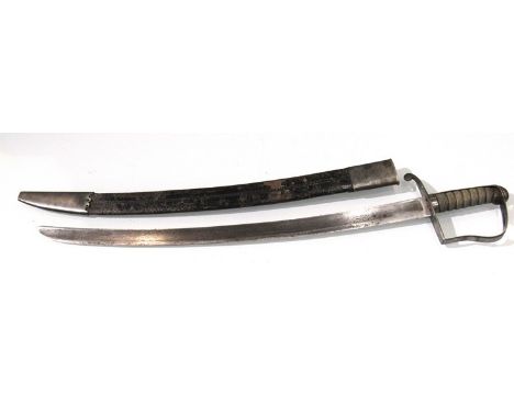 A British 1796 pattern short sabre with stirrup hilt, shagreen grip and curved blade, 75.5cm total length, leather and steel 