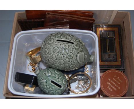 Mixed lot to include; leather wallets, gents Rotary wristwatch, pair of ceramic moneyboxes etc 