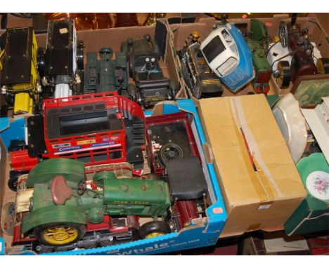 Three boxes of assorted model vehicles to include; John Deere tractor, Bentley racing car etc 