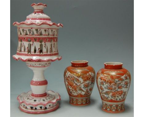 A pair of Japanese Kutani baluster form vases, and a continental earthenware lamp base (2)