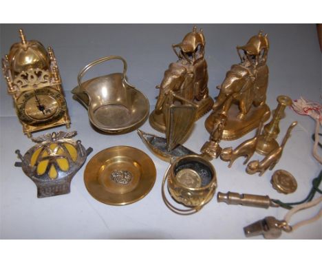 Mixed lot to include; reproduction lantern clock, AA car badge, brass figures etc 