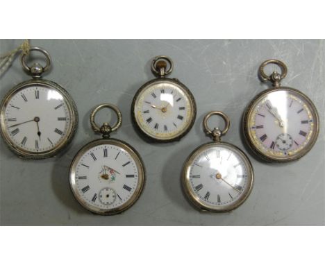 Five various silver cased open face pocket watches all mid size to include four keywind examples each with enamel dials