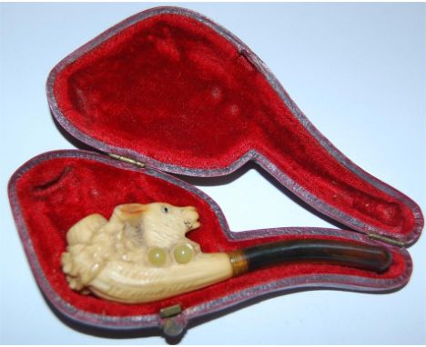 A small cased Victorian pipe, the terminal in the form of a deer's head