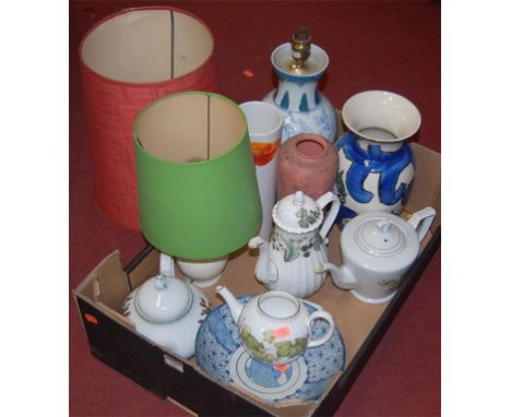 Box of china to include Royal Worcester Lavinia pattern coffee pot, ceramic table lamp, etc