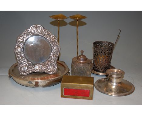 Mixed lot to include; Victorian silver easel photograph frame, various silver topped and enamel dressing table jars, capstan 