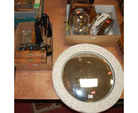 A collection of miscellaneous items to include; 1930s oak cased barometer, anniversary clock, two binoculars, white painted w