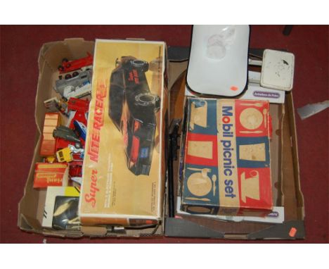 Two boxes of assorted diecast vehicles to include Corgi, Super Night Racer (Boxed), together with a set of scales