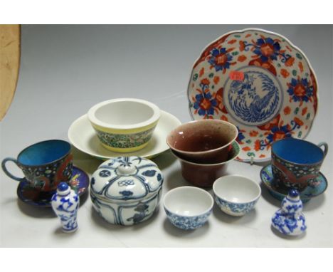 Mixed Chinese ceramics to include; two stoneware tea bowls, footed dish, Japanese Imari plate, two cloisonné enamel cups and 