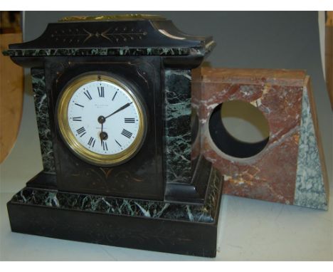 An Edwardian black slate cased mantel clock having a white enamel dial with Roman numerals signed RA Jones, together with an 