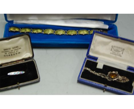 A Danish Secessionist silver semi-precious set pendant, an enamel bracelet, and a silver enamel bar brooch (3)