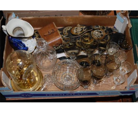Mixed lot to include; Staffordshire Toby jug, brass anniversary clock, brass scuttle etc 