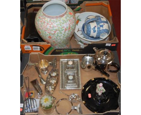 Two boxes of miscellaneous items to include; large modern Chinese vase of baluster form, Mintons ceramic inkwell, cased camer