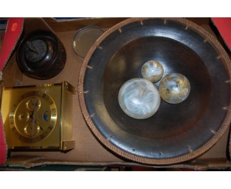 Mixed lot to include; three Isle of Wight style glass paperweights, reproduction mantel clock, magnifying glass etc 