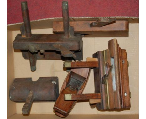 A box of assorted hand tools to include; brass mounted moulding plane etc 