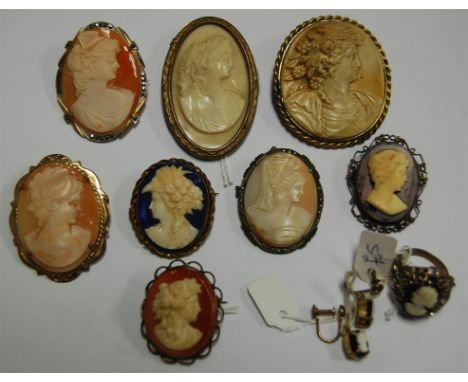 A collection of carved shell cameo and other carved hardstone portrait brooches, cameo ring, etc