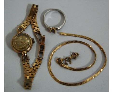 Mixed lot to include; ladies 9ct white gold and diamond set ring (lacking centre stone), ladies Omega 9ct gold manual wind wr