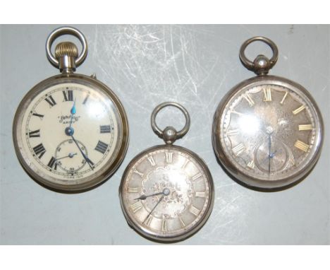 Two silver cased gents open face pocket watches with keywind movements and a services "Army" nickel cased example (3)