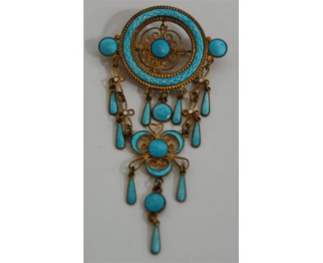 A Marius Hammer Aesthetic Movement gilt metal and turquoise enamel set brooch, late 19th century  Condition Report / Extra In