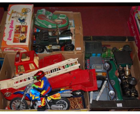 Three boxes of assorted childrens toys to include; Nylint Corporation fire engine and tender, Supertoys motorcycle etc 