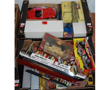 Two boxes of mixed childrens toys to include; Corgi Tramlines, 1/18 scale diecast vehicles, Matchbox Models of Yesteryear, a 