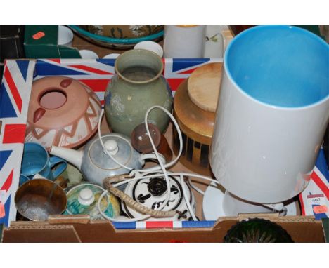 A box of miscellaneous items to include; table lamp, storage jar, teapots etc 