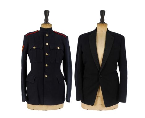 A military deep blue dress jacket - with red piping to epaulettes, size S, length 74cm, together with a black dinner jacket, 