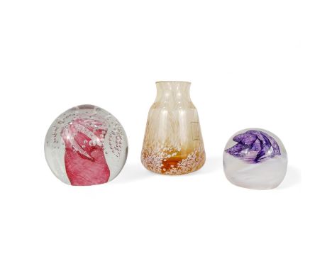 A Caithness ball paperweight - with swirls of milk and magenta coloured glass, 5cm diameter, together with another larger pap
