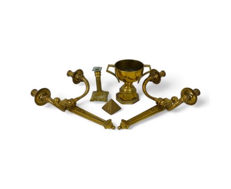 A pair of vintage brass twin branch wall brackets - 39cm high, together with a brass candlestick, a trophy and a pyramid. (5)