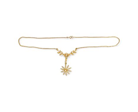 A 15ct gold and pearl set necklace - with a star drop and foliate bow, 6.6g.