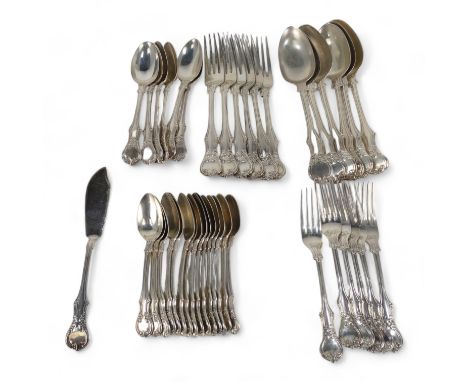 A 19th century silver canteen service  - London, mixed dates circa 1845, primarily six place settings, cast in a fancy foliat