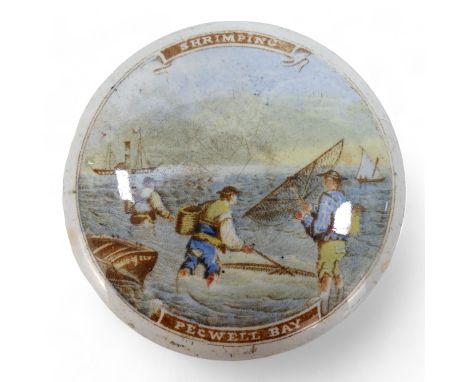 A mid 19th century Prattware pot lid - 'Shrimping Pegwell Bay', 10cm diameter.