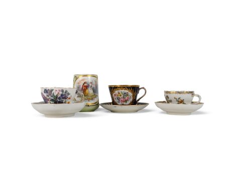 An early 20th century Meissen cabinet cup - decorated with insects and flowers on a white ground, together with two other cab