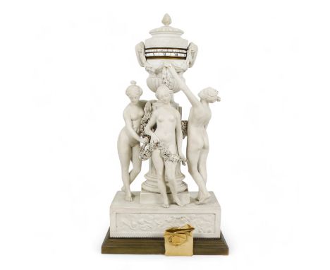 A 19th century French bisque porcelain Three Graces mantel clock - after the model by Étienne-Maurice Falconet, the urn case 