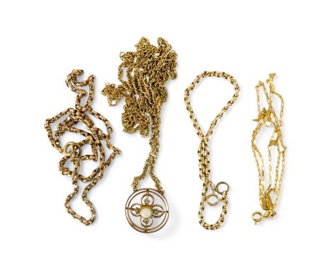 A 9ct gold opal and pearl pendant - on a fine fancy link 9ct gold chain, together with three lengths of 9ct gold chain, 18.7g