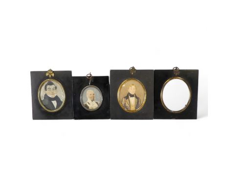 An early 19th century portrait miniature - a gentleman in white shirt and black stock and coat, oval in a rectangular frame, 