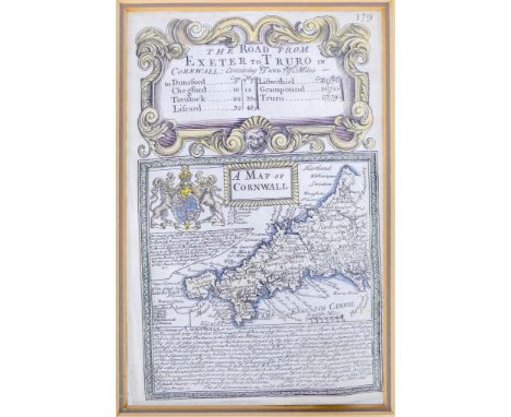 John OWEN &amp; Emmanuel BOWEN - The Road from Exeter to Truro,  from Britannia Depicta, circa 1720, showing Map of Cornwall 