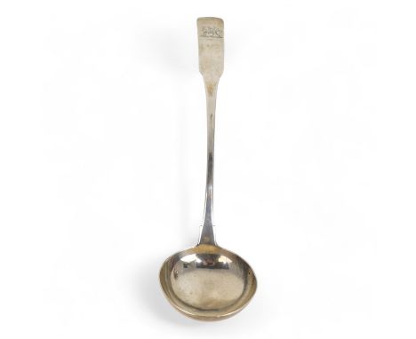 A large silver ladle - Dublin 1804, fiddle back and engraved with Fitzpatrick armorial, 205g.