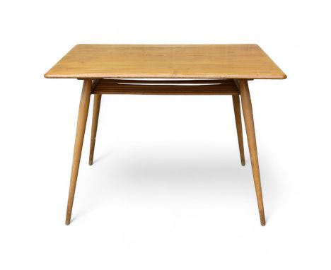 An Ercol elm occasional table - the rectangular top on turned beech legs joined by a spindle undertier, 99 x 69 x 71cm.