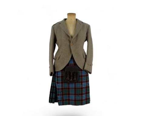 A Scotch House of Knightsbridge tweed jacket - with tartan kilt and black leather sporran, jacket size S/M, length 68cm, kilt