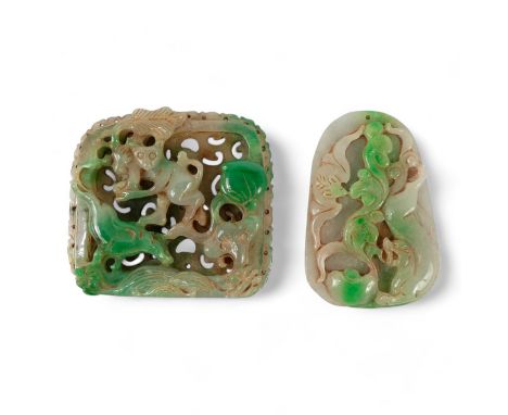 A carved jade panel - detailed with a monkey and bird in a tree, 7 x 8cm, together with another jade carving. (2)